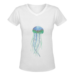 Watercolore JELLY FISH Blue Lilac Green Women's Deep V-neck T-shirt (Model T19)