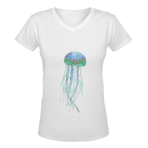 Watercolore JELLY FISH Blue Lilac Green Women's Deep V-neck T-shirt (Model T19)