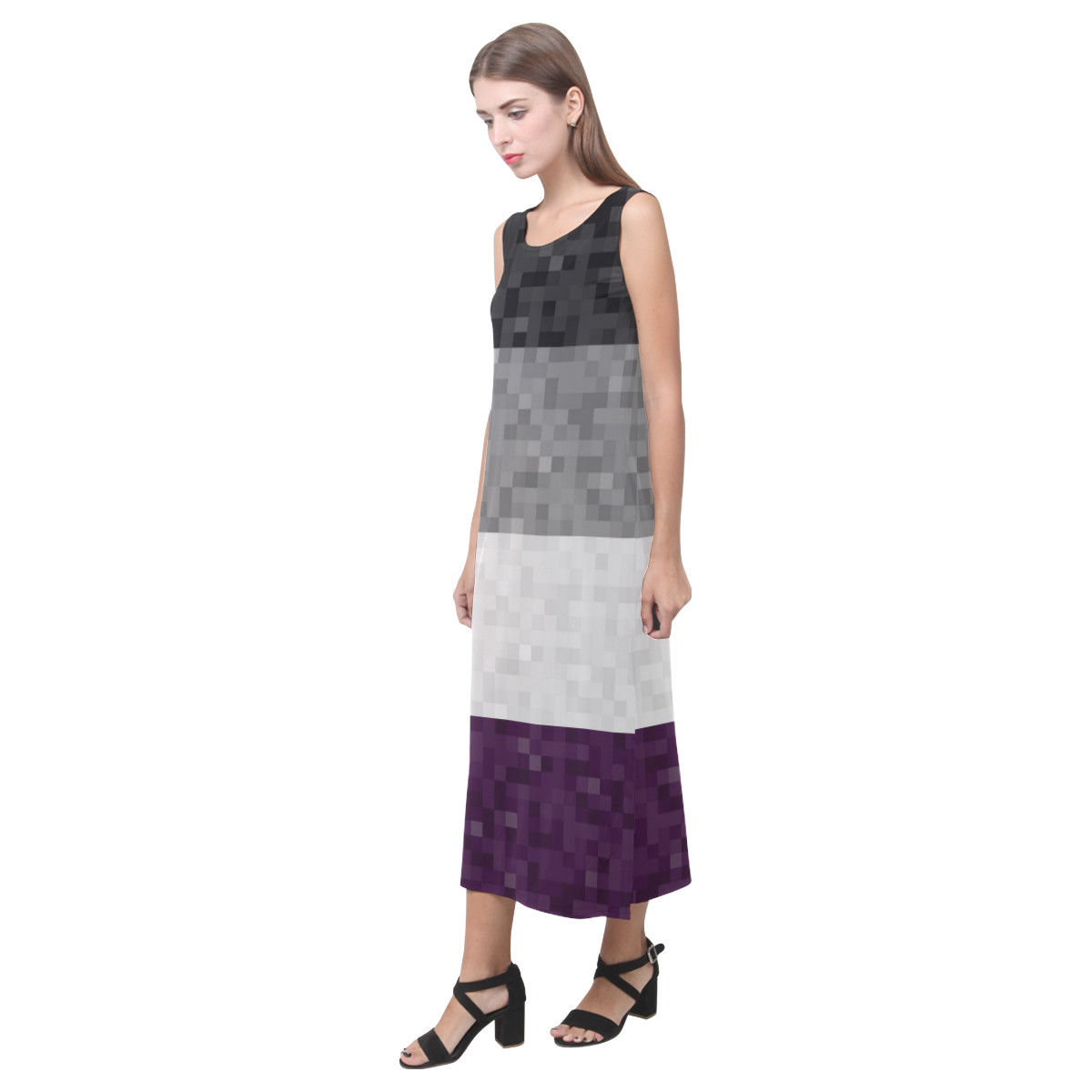 Asexual Pixel Flag Phaedra Sleeveless Open Fork Long Dress (Model D08)