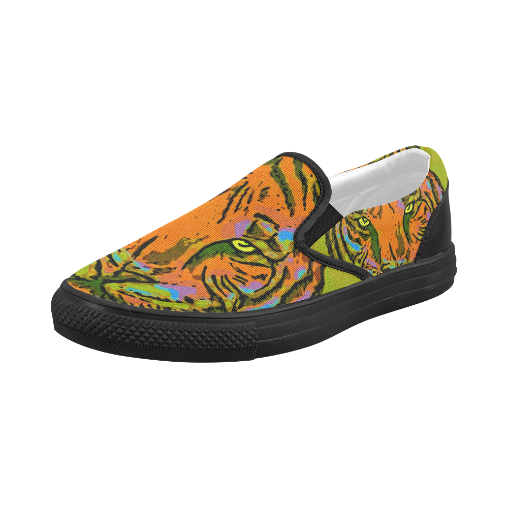 Pop Art TIGER HEAD orange green blue Women's Slip-on Canvas Shoes (Model 019)