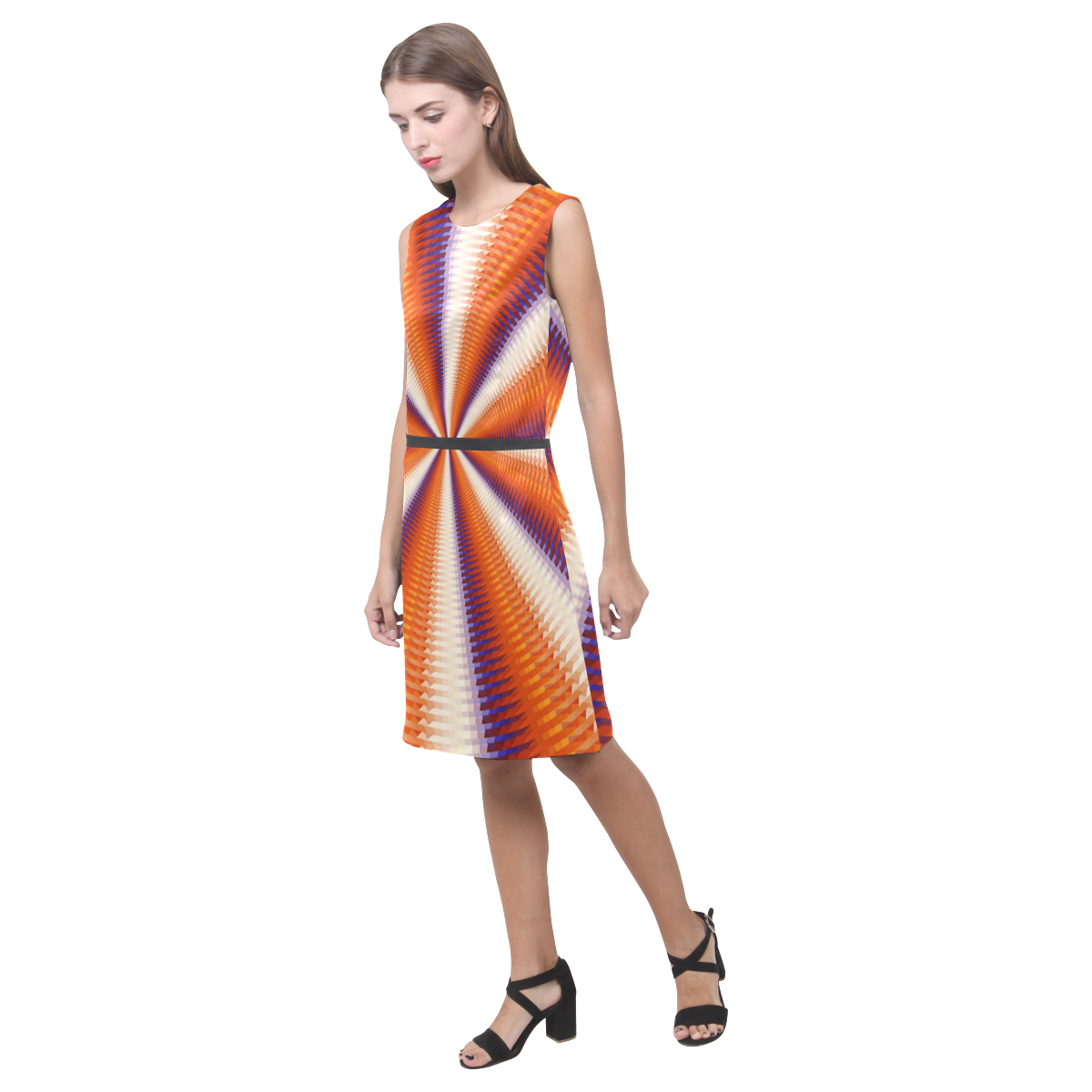 Time Tunnel Orange Red Fawn Spiral Design Eos Women's Sleeveless Dress (Model D01)