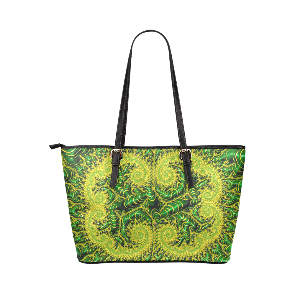 Green Gold Infinity Fractal Art Leather Tote Bag/Small (Model 1651)