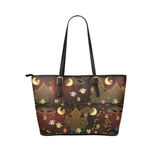 halloween owls Leather Tote Bag/Small (Model 1651)