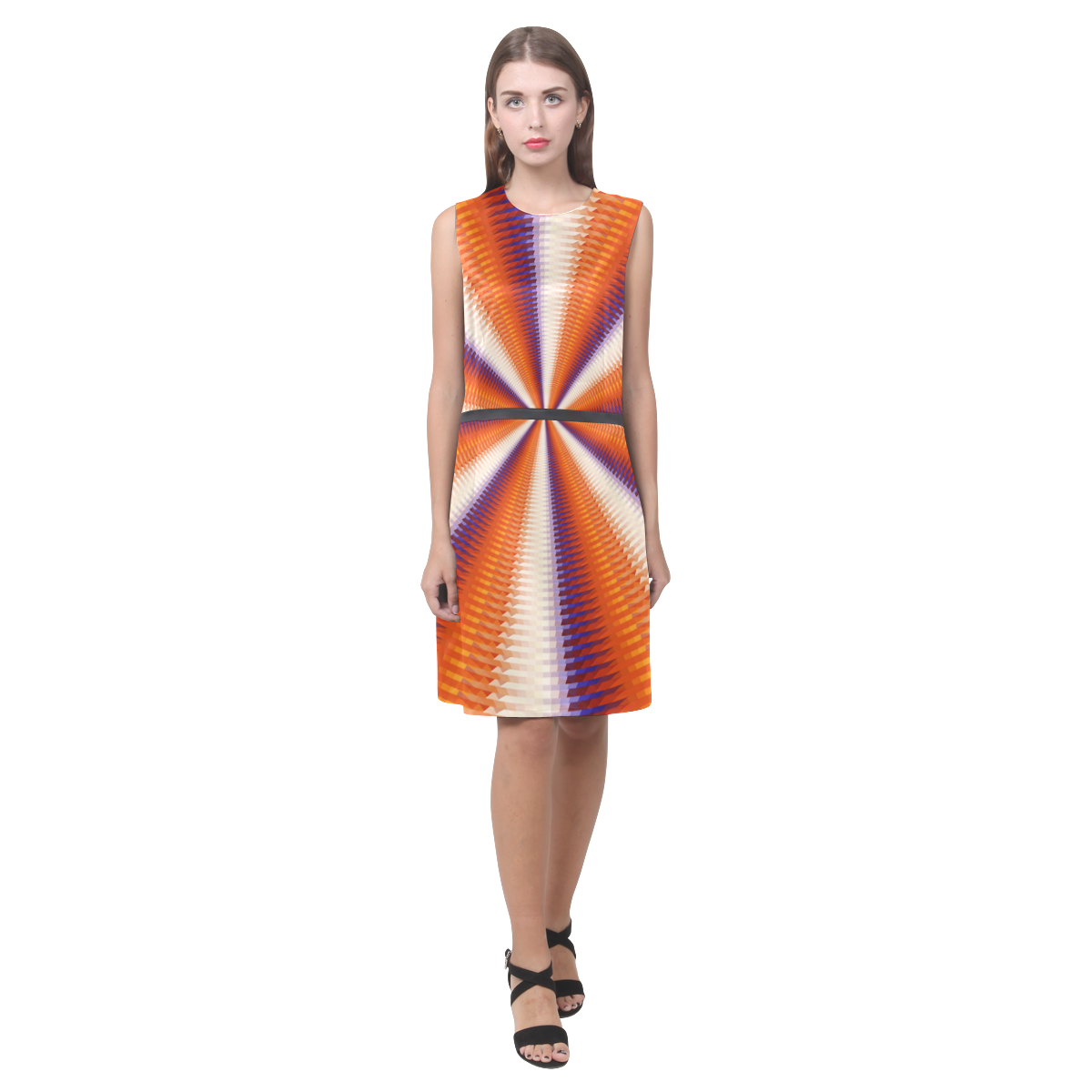 Time Tunnel Orange Red Fawn Spiral Design Eos Women's Sleeveless Dress (Model D01)