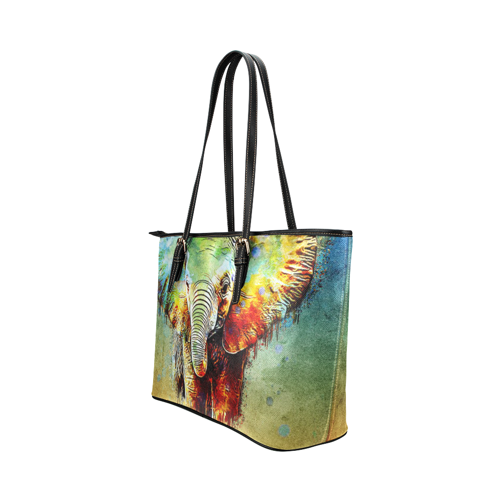 watercolor elephant Leather Tote Bag/Large (Model 1651)