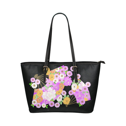 Flower Fans Cute Pink Japanese Floral Pattern Leather Tote Bag/Large (Model 1651)