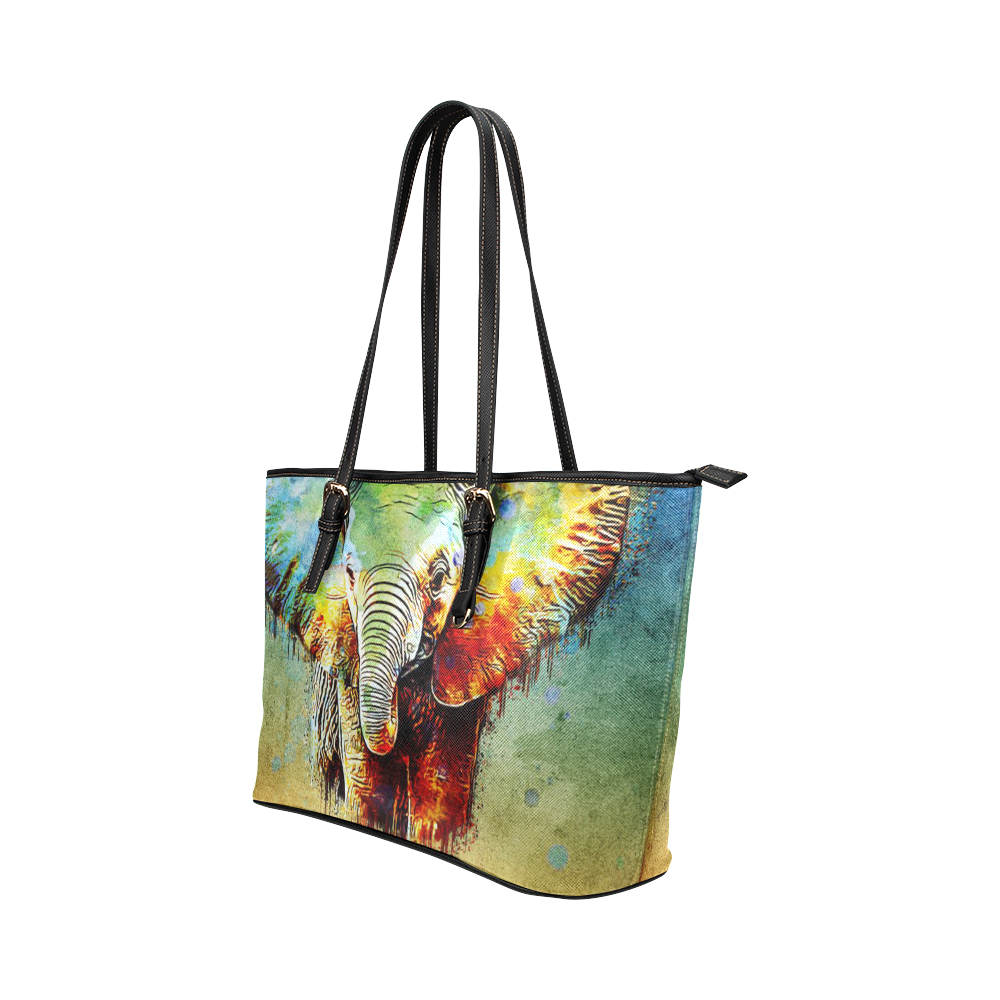 watercolor elephant Leather Tote Bag/Large (Model 1651)