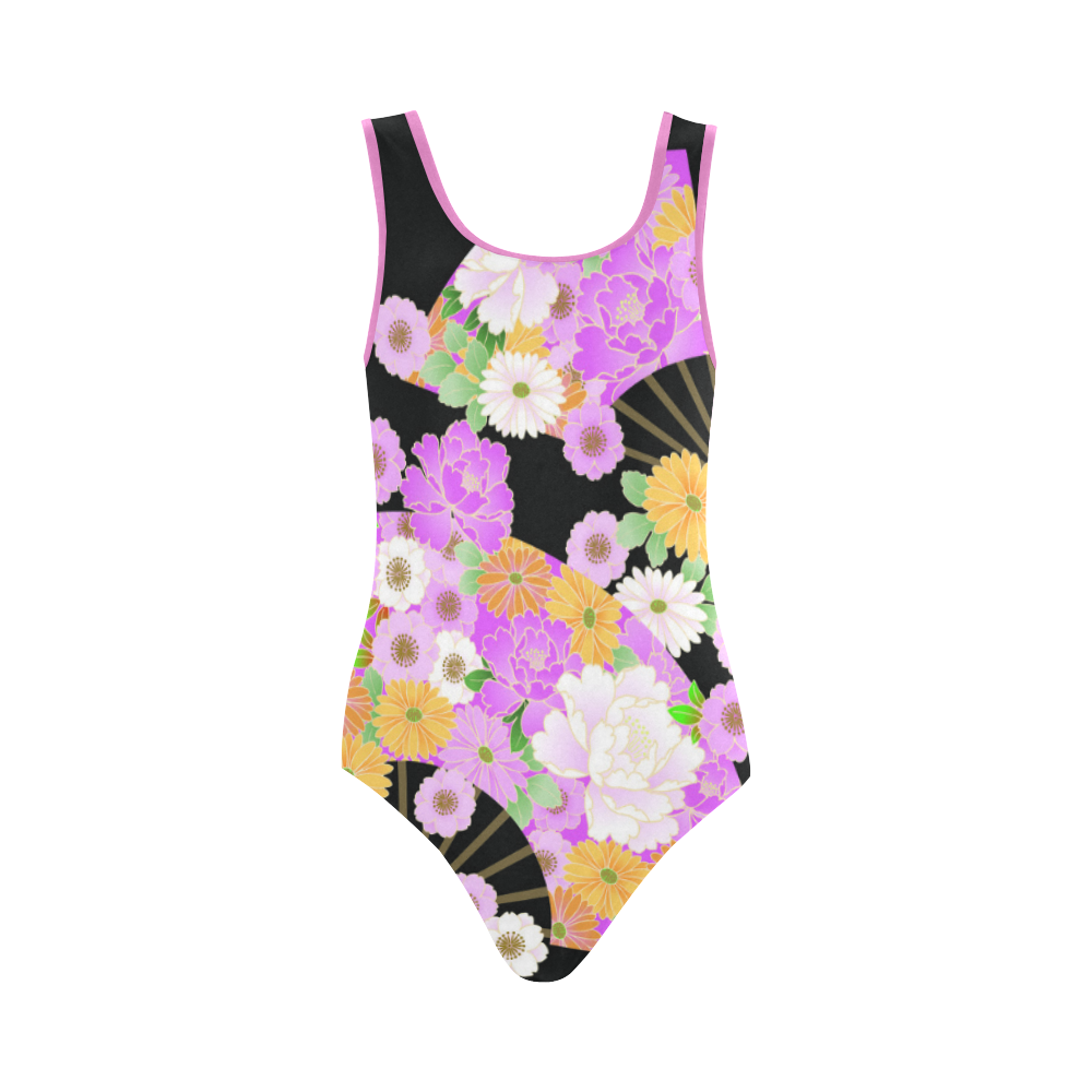 Flower Fans Cute Pink Japanese Floral Kimono Vest One Piece Swimsuit ...