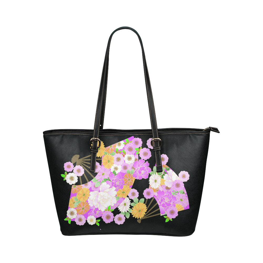 Flower Fans Cute Pink Japanese Floral Pattern Leather Tote Bag/Small (Model 1651)