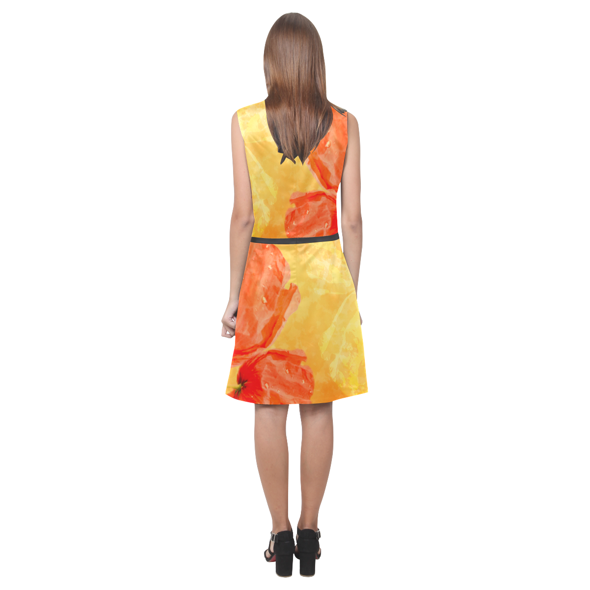 Poppy Summer Red Gold Art Design Eos Women's Sleeveless Dress (Model D01)