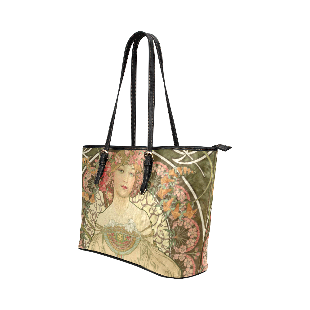 Mucha Vintage Art Nouveau Beautiful Girl Leather Tote Bag/Large (Model 1651)