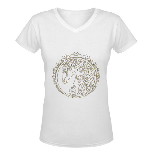 I Love Horses Contour Antique Gold Women's Deep V-neck T-shirt (Model T19)