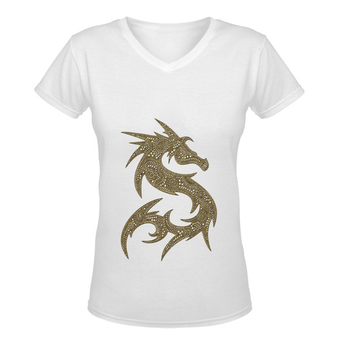 Magic Dragon Contour Antique Gold Women's Deep V-neck T-shirt (Model T19)
