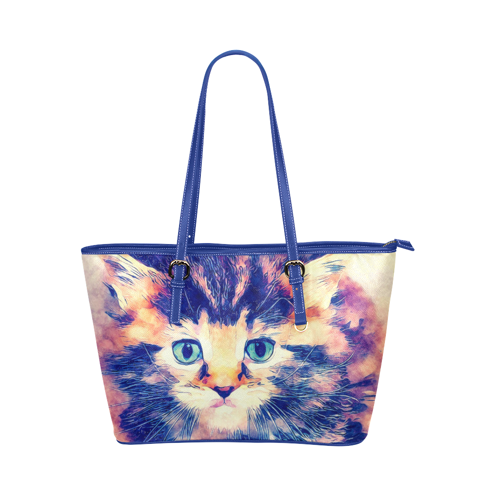 watercolor cat Leather Tote Bag/Small (Model 1651)