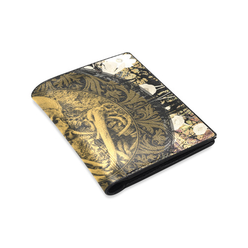 The skeleton in a round button with flowers Men's Leather Wallet (Model 1612)