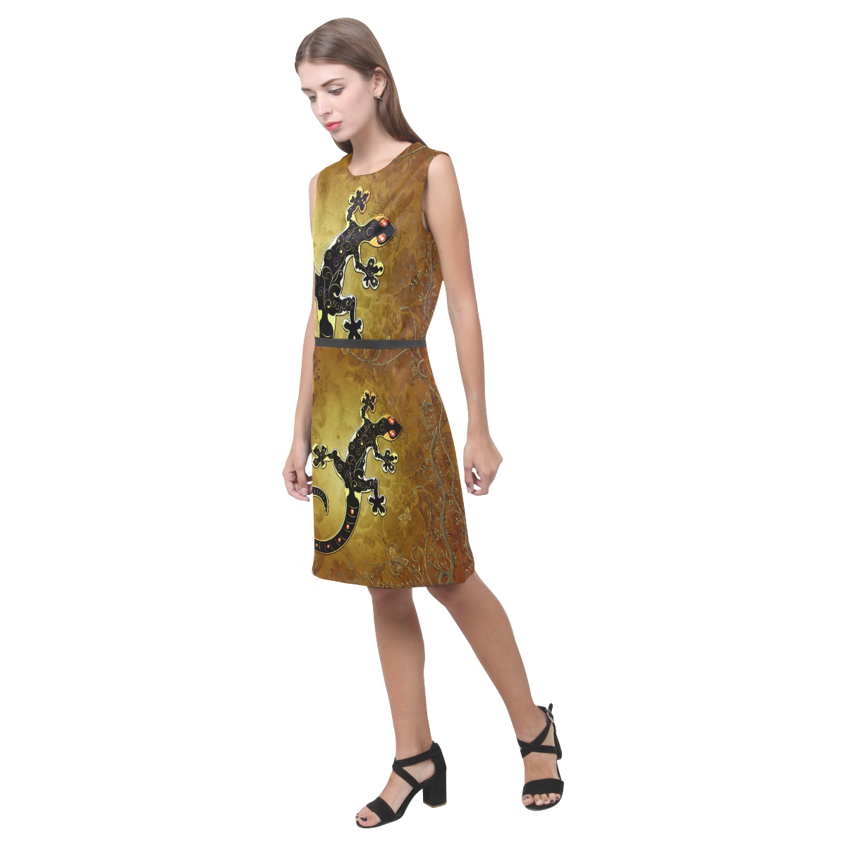 Gecko in gold and black Eos Women's Sleeveless Dress (Model D01)