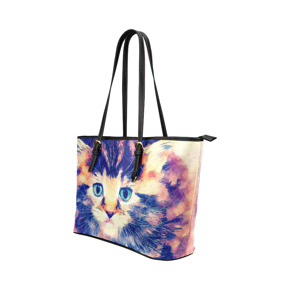 watercolor cat Leather Tote Bag/Large (Model 1651)