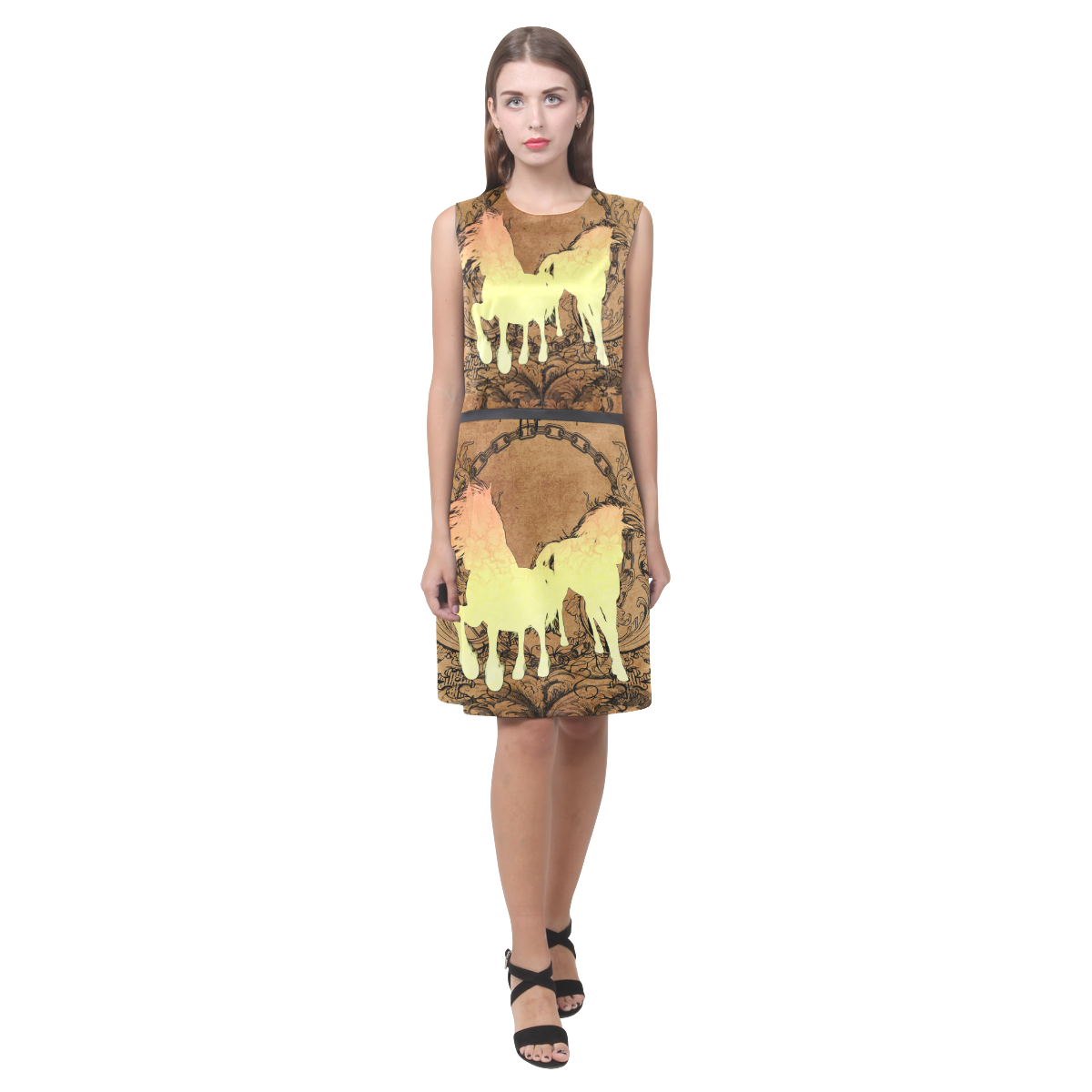 Beautiful horse silhouette in yellow colors Eos Women's Sleeveless Dress (Model D01)