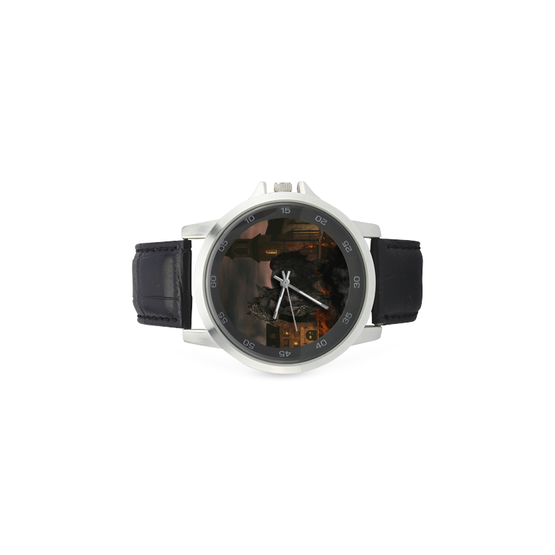 A dark horse in a knight armor Unisex Stainless Steel Leather Strap Watch(Model 202)