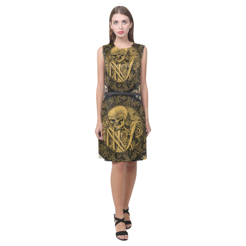 The skeleton in a round button with flowers Eos Women's Sleeveless Dress (Model D01)