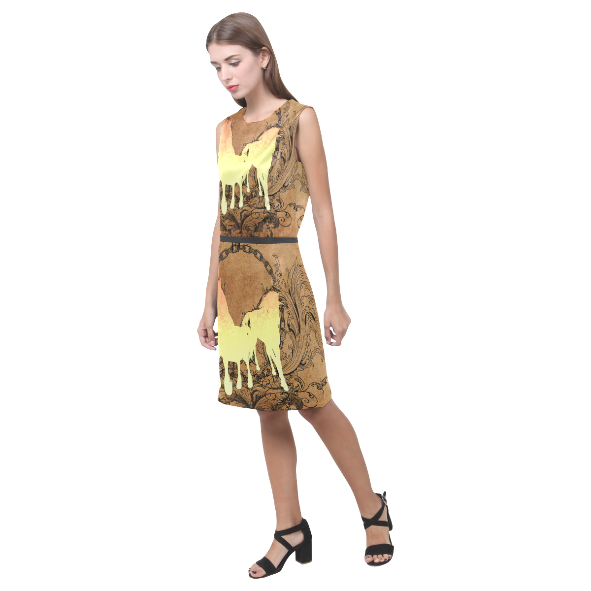 Beautiful horse silhouette in yellow colors Eos Women's Sleeveless Dress (Model D01)