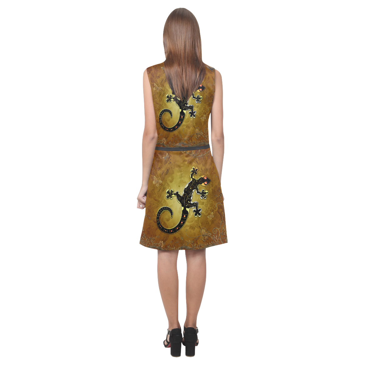 Gecko in gold and black Eos Women's Sleeveless Dress (Model D01)