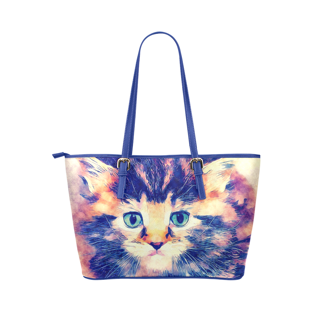 watercolor cat Leather Tote Bag/Large (Model 1651)