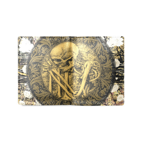 The skeleton in a round button with flowers Men's Leather Wallet (Model 1612)