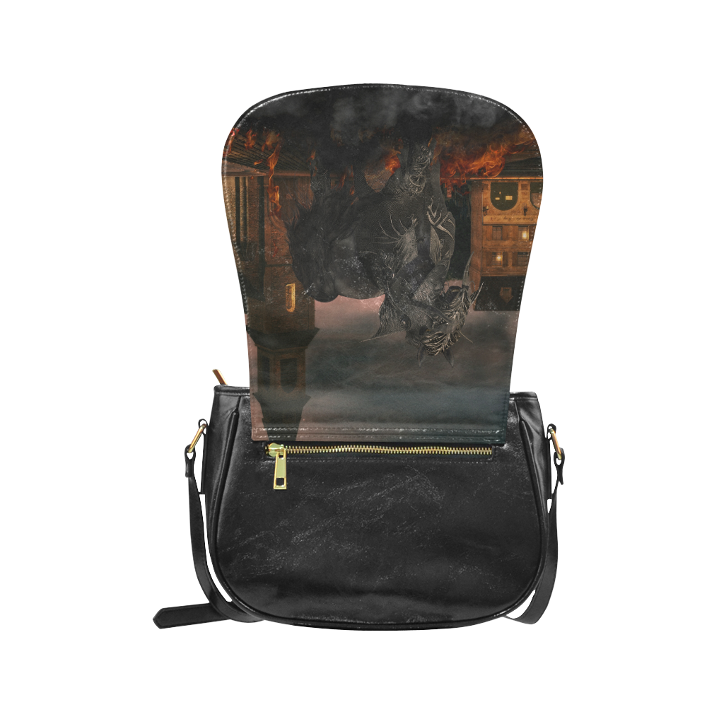 A dark horse in a knight armor Classic Saddle Bag/Large (Model 1648)