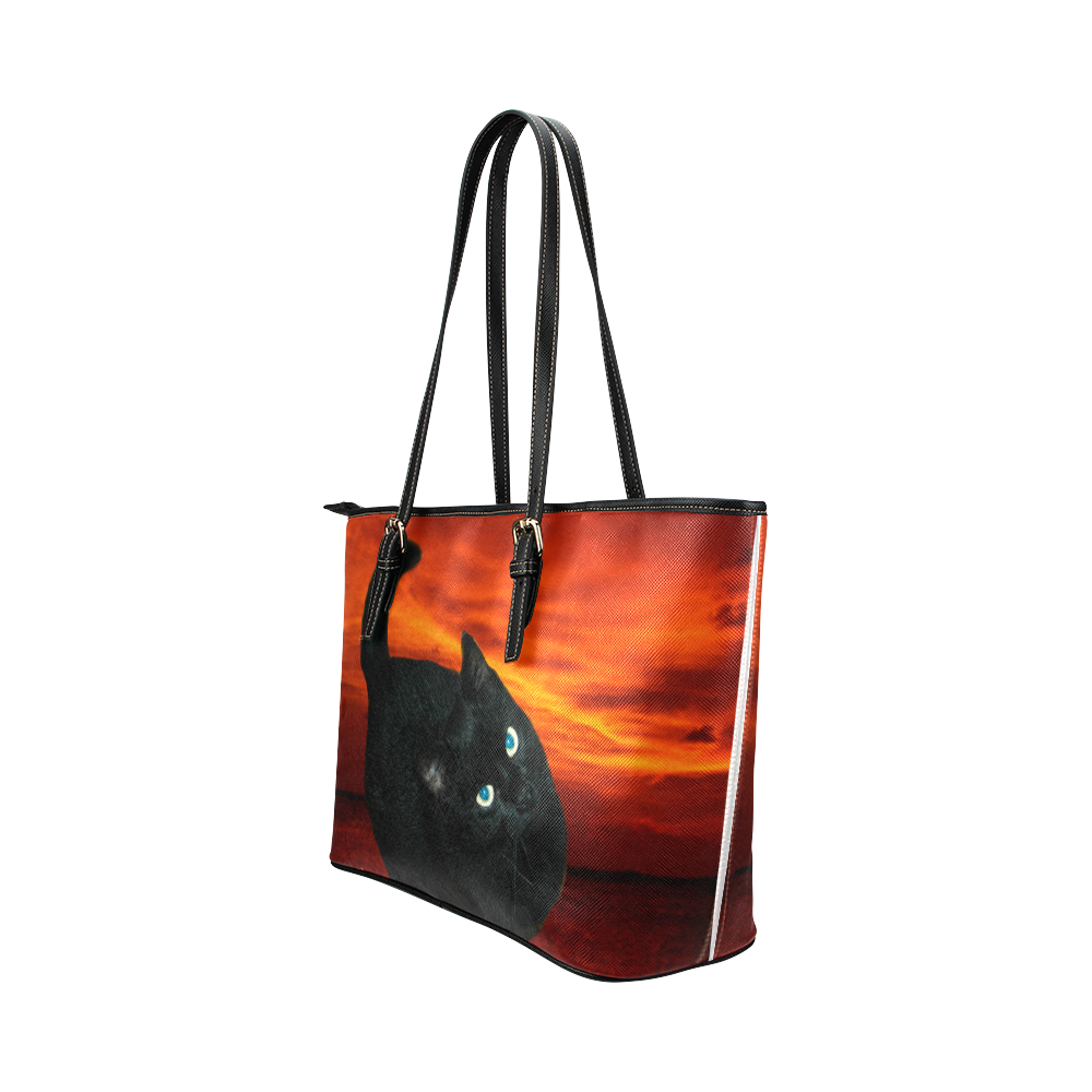 Cat and Red Sky Leather Tote Bag/Large (Model 1651)