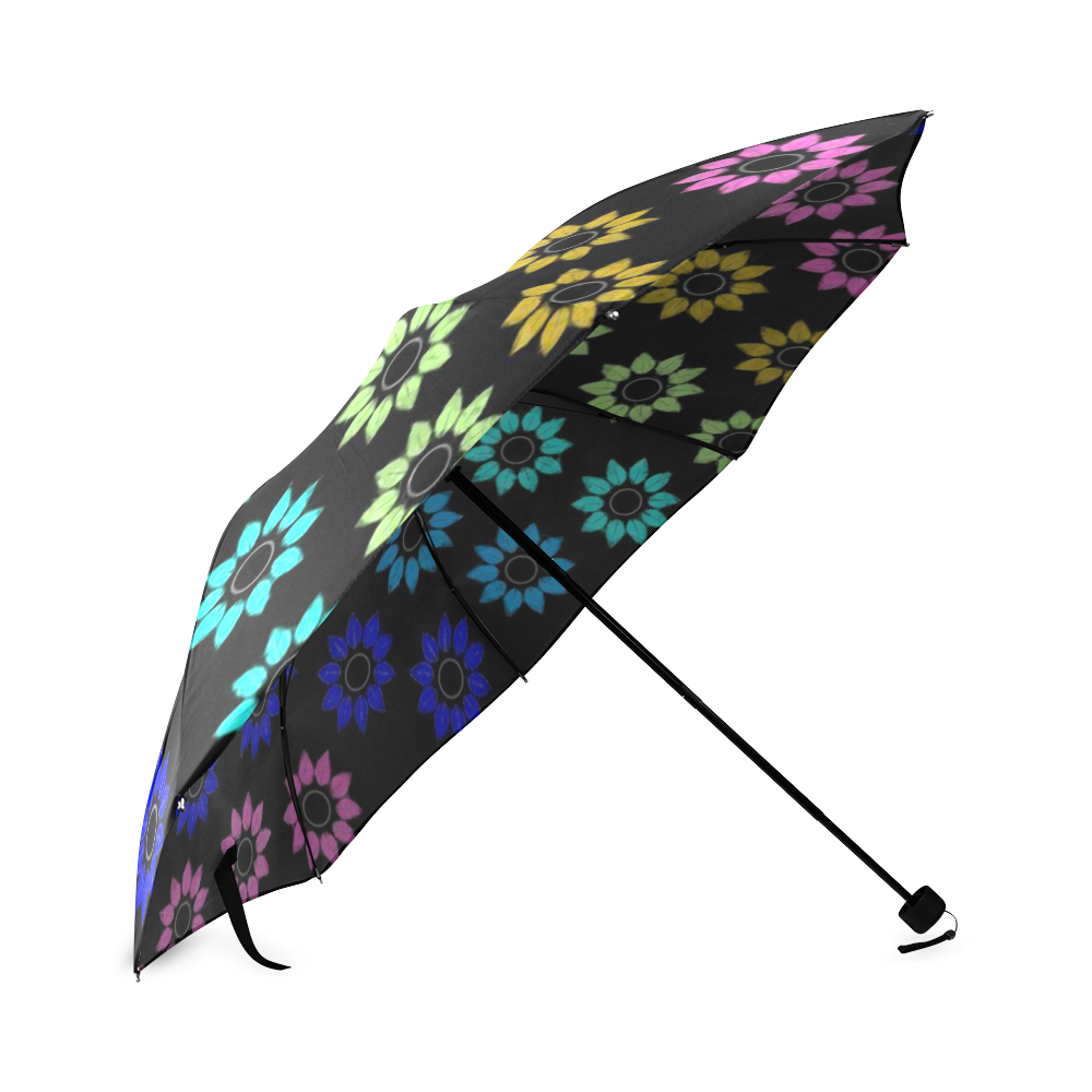 Rainbow Floral Black Foldable Umbrella (Model U01)