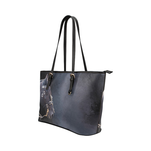 A beautiful painting black friesian horse portrait Leather Tote Bag/Large (Model 1651)