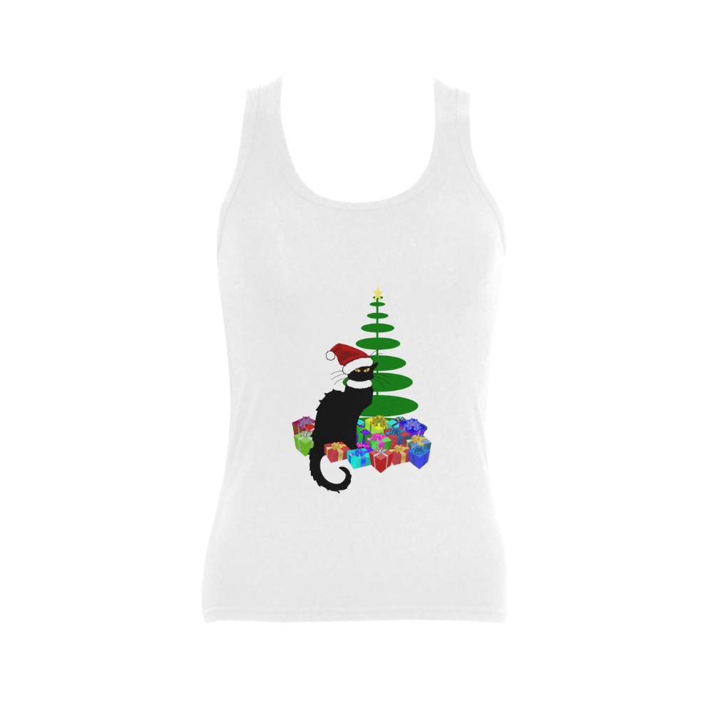 Christmas Le Chat Noir with Santa Hat Women's Shoulder-Free Tank Top (Model T35)