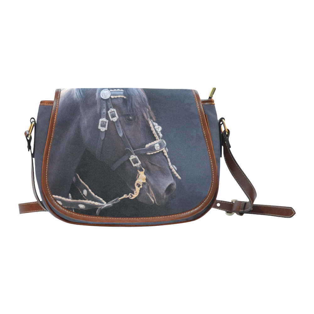 A beautiful painting black friesian horse portrait Saddle Bag/Small (Model 1649) Full Customization