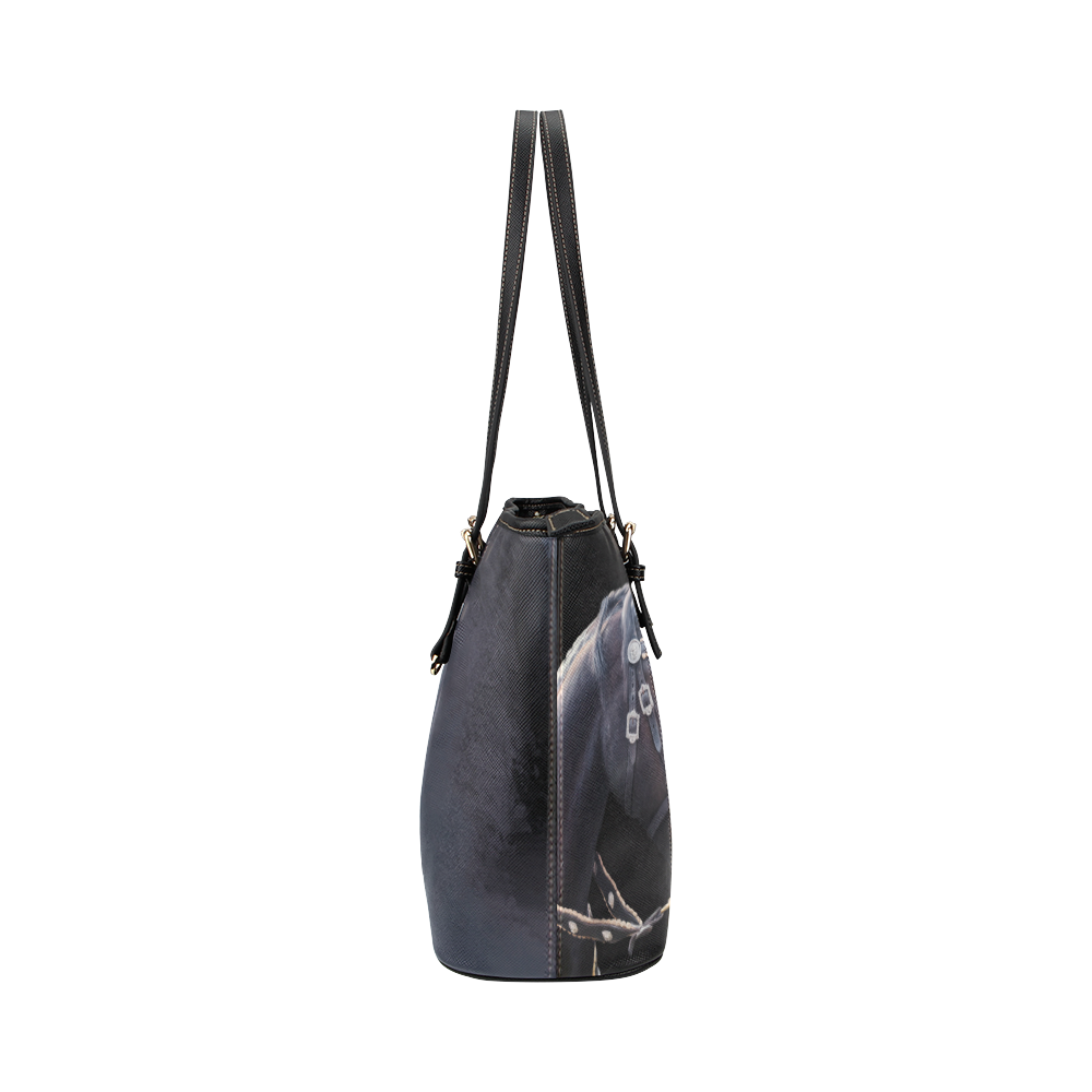 A beautiful painting black friesian horse portrait Leather Tote Bag/Large (Model 1651)