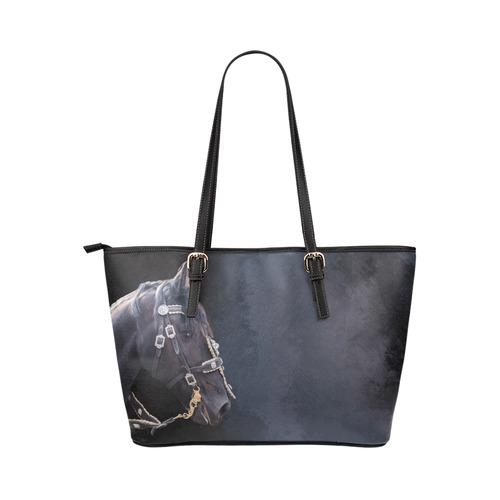 A beautiful painting black friesian horse portrait Leather Tote Bag/Small (Model 1651)