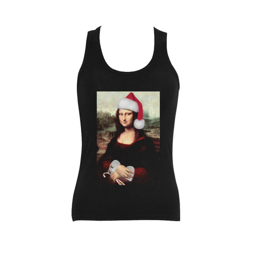 Christmas Mona Lisa with Santa Hat Women's Shoulder-Free Tank Top (Model T35)