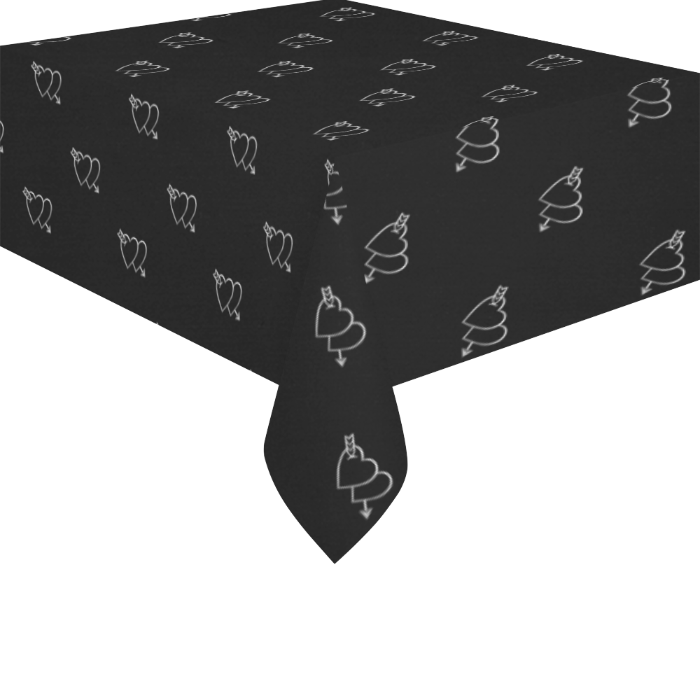 METALLICS: Silver Hearts on Black Cotton Linen Tablecloth 52"x 70"