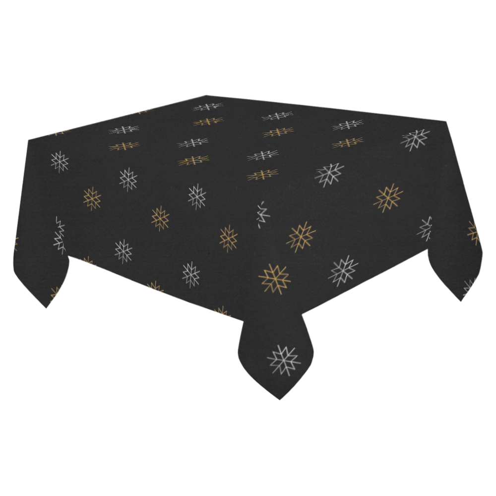 METALLICS: Silver & Gold Snowflakes on Black Cotton Linen Tablecloth 52"x 70"