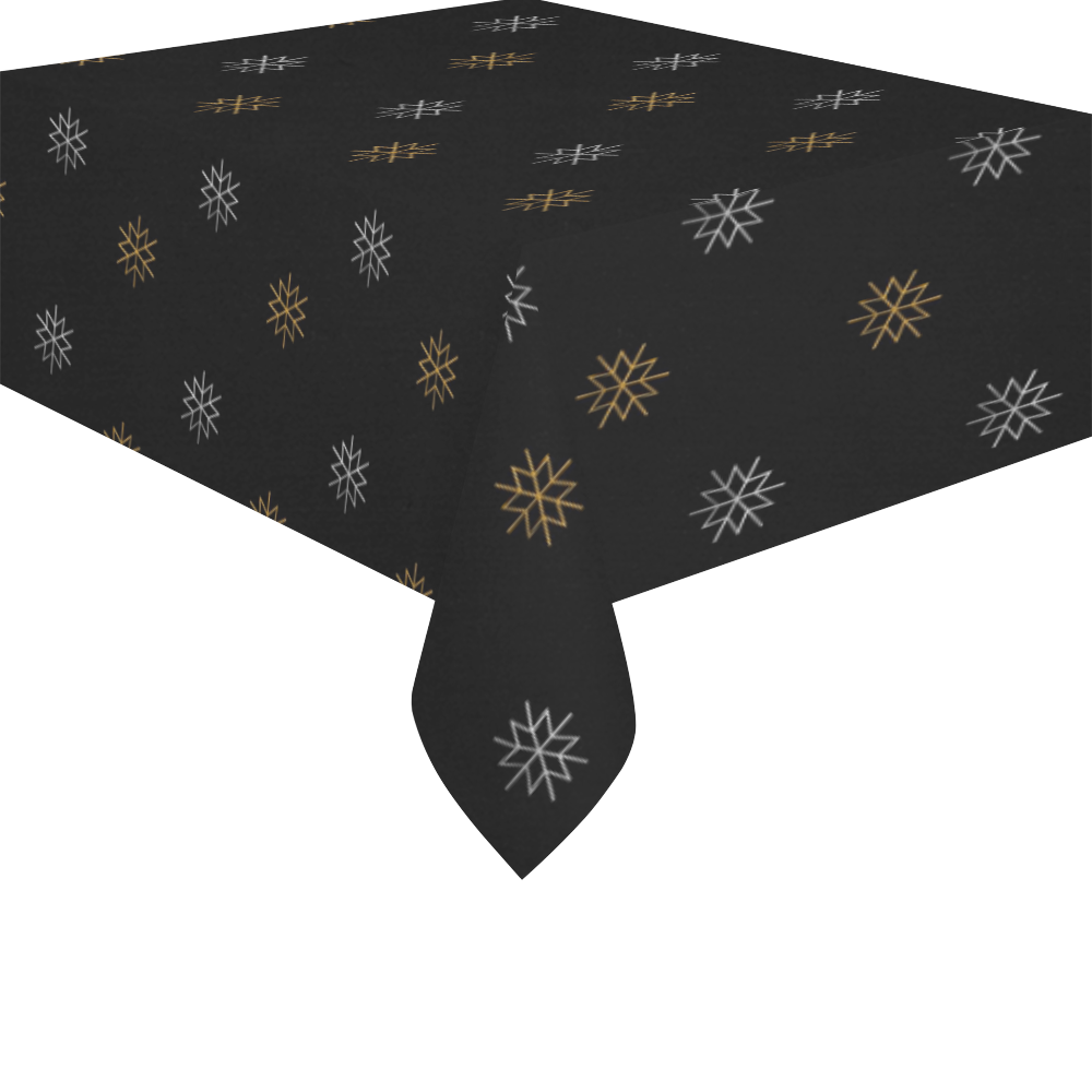 METALLICS: Silver & Gold Snowflakes on Black Cotton Linen Tablecloth 52"x 70"