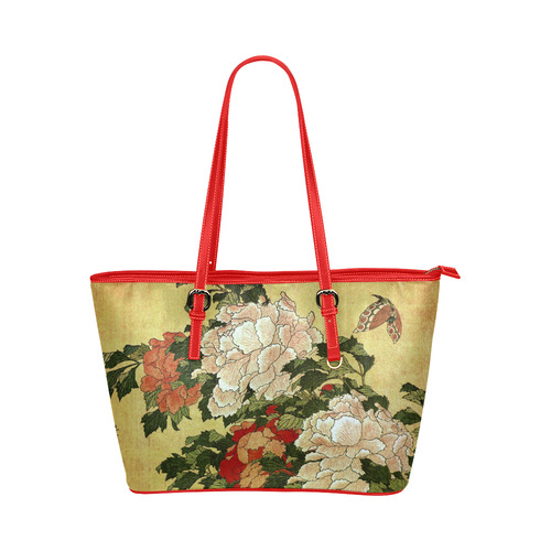 Peonies Butterfly Hokusai Japanese Floral Nature A Leather Tote Bag/Large (Model 1651)