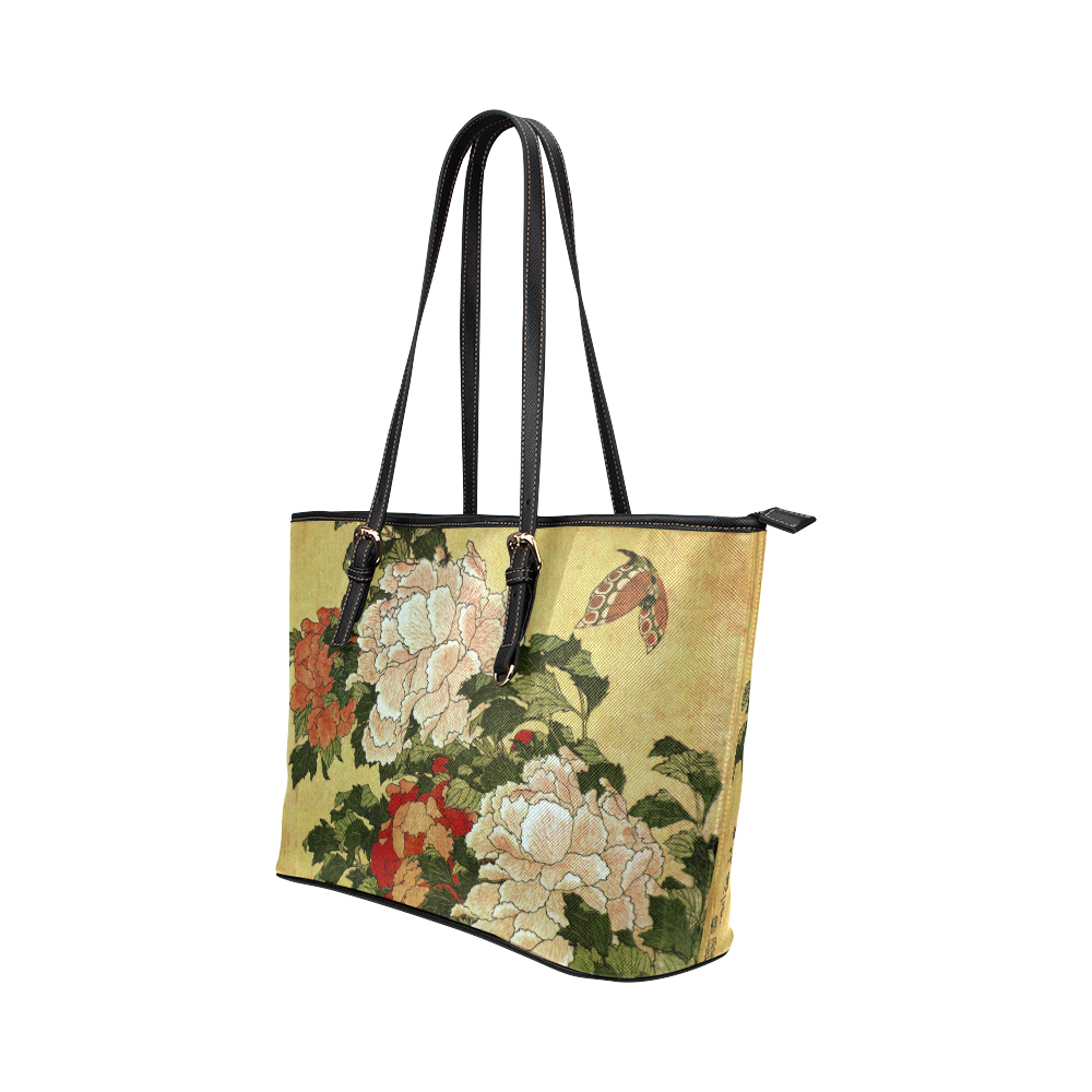 Peonies Butterfly Hokusai Japanese Floral Nature A Leather Tote Bag/Small (Model 1651)