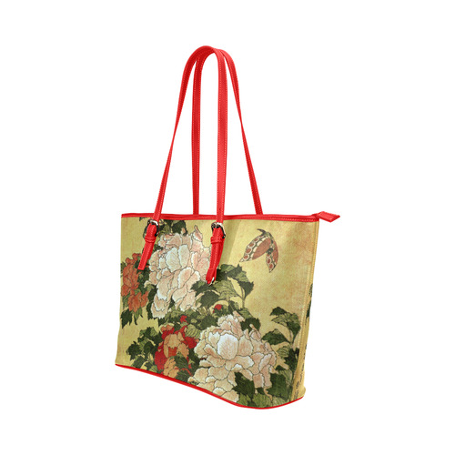 Peonies Butterfly Hokusai Japanese Floral Nature A Leather Tote Bag/Large (Model 1651)
