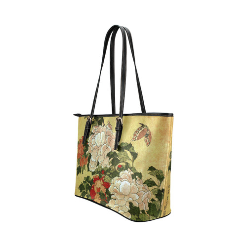 Peonies Butterfly Hokusai Japanese Floral Nature A Leather Tote Bag/Small (Model 1651)