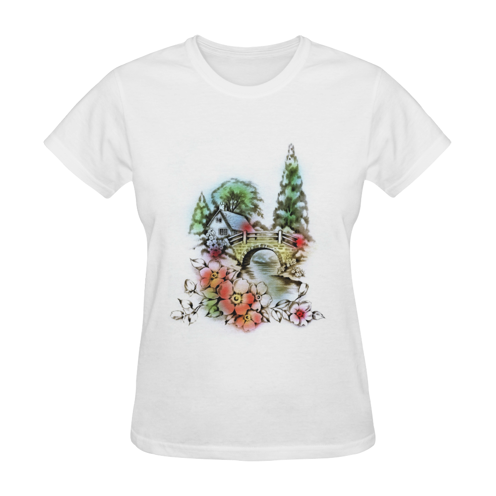 Vintage Home and Flower Garden with Bridge Sunny Women's T-shirt (Model T05)