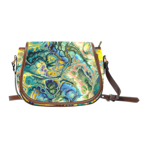 Flower Power Fractal Batik Teal Yellow Blue Salmon Saddle Bag/Large (Model 1649)