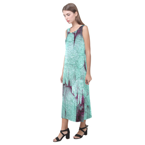 Rock Castle turquoise, wine red abstract texture Phaedra Sleeveless Open Fork Long Dress (Model D08)