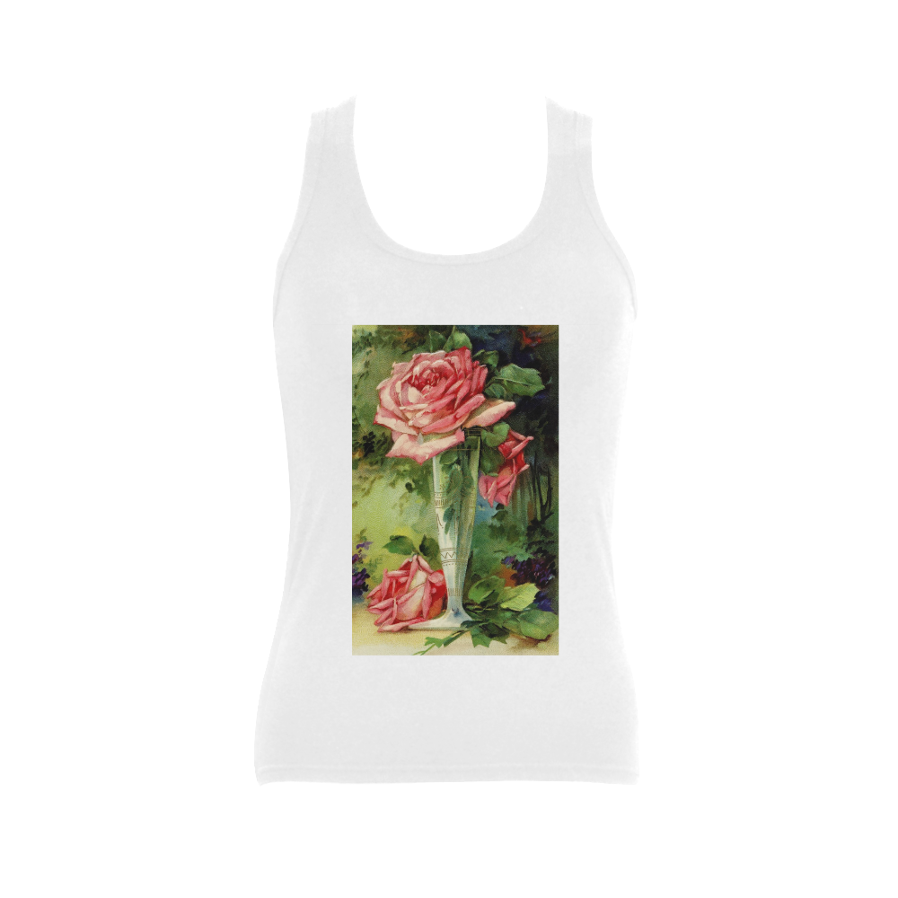 Vintage Vase and Pink Roses Women's Shoulder-Free Tank Top (Model T35)
