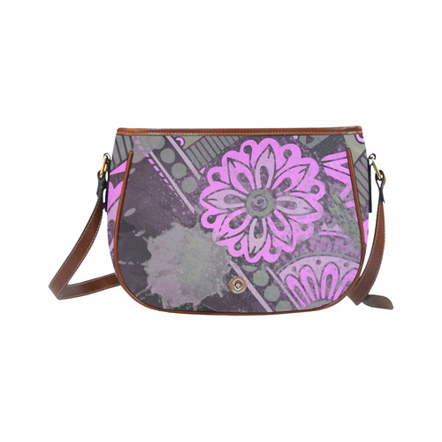 Pink Grunge Floral Modern Geometric Saddle Bag/Large (Model 1649)