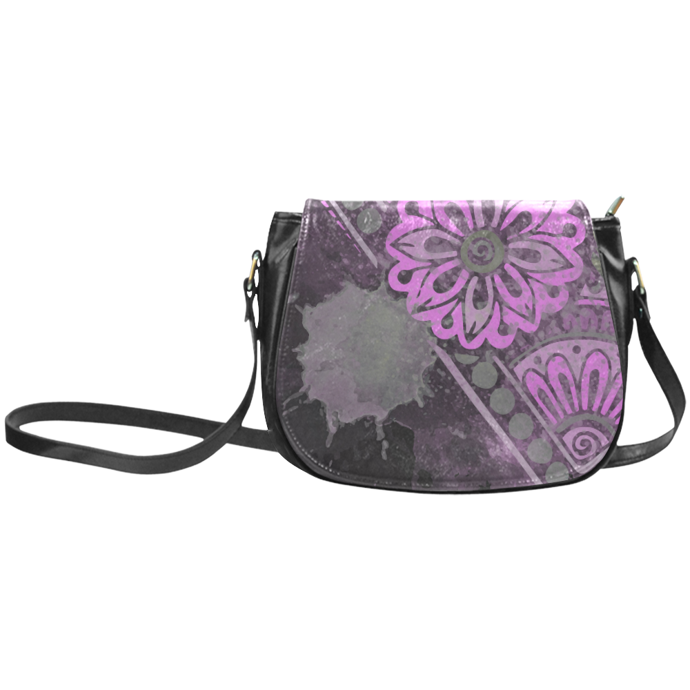 Pink Grunge Floral Modern Geometric Classic Saddle Bag/Large (Model 1648)